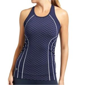 Athleta Finish Fast Line Tank Top Navy Blue White Seamless Racerback Sz Med NWT